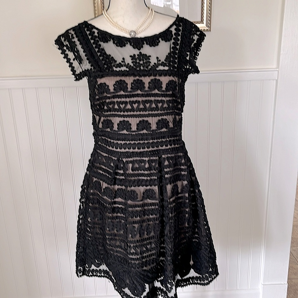 Yoanna Baraschi Little Black Dress Mesh and Embroidery Fit and Flare Cap Sleeve